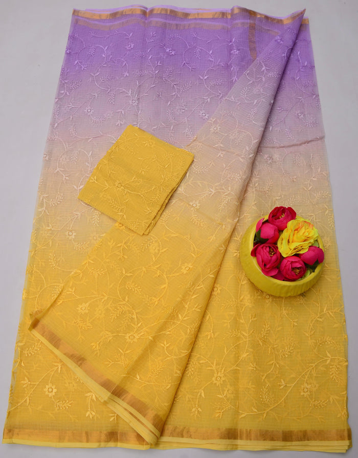 Pure Cotton Kota Doria Saree with All-Over Embroidery - Yellow and Purple Color