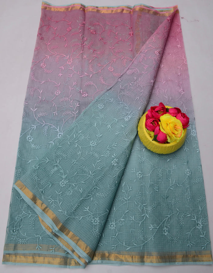 Pure Cotton Kota Doria Saree with All-Over Embroidery - Blue and Pink Color