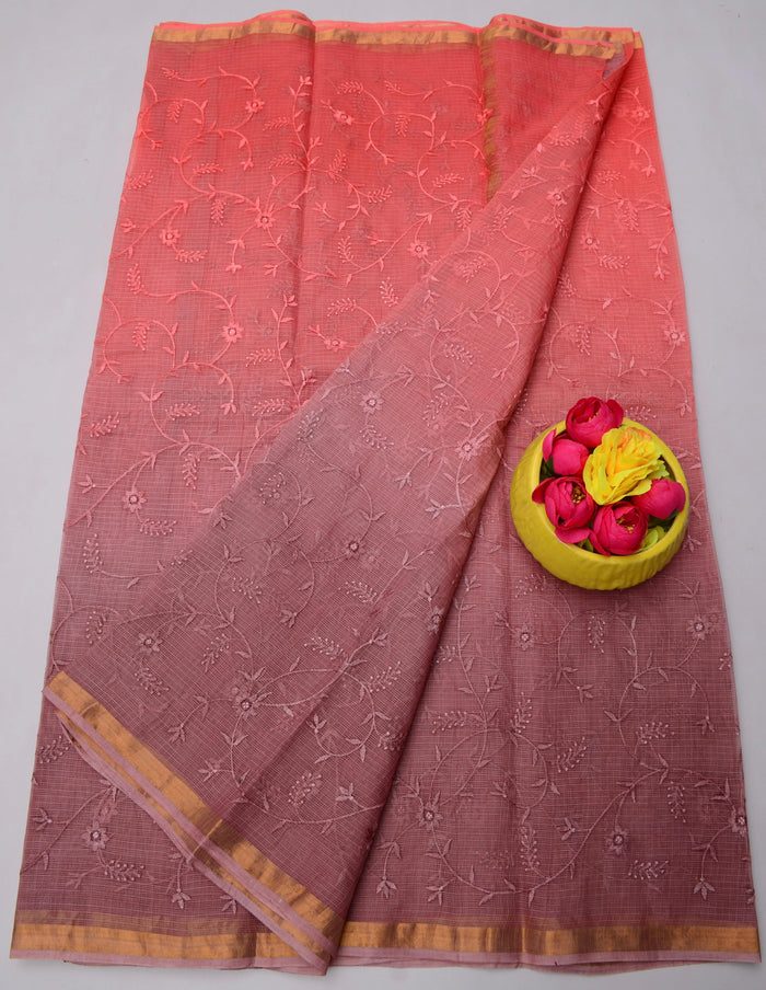 Pure Cotton Kota Doria Saree with All-Over Embroidery - Red Color
