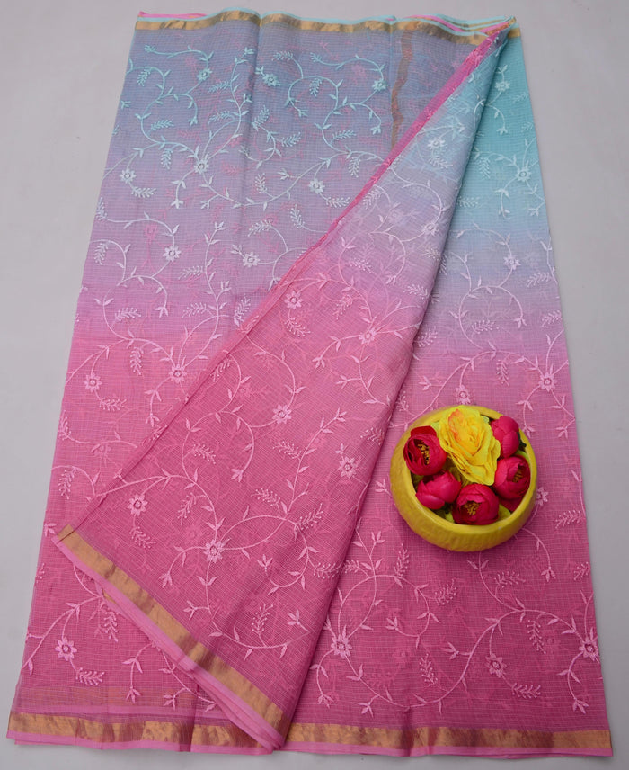Pure Cotton Kota Doria Saree with All-Over Embroidery - Pink and Blue Color