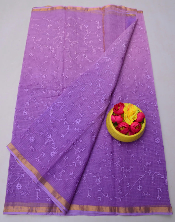 Pure Cotton Kota Doria Saree with All-Over Embroidery - Purple Color