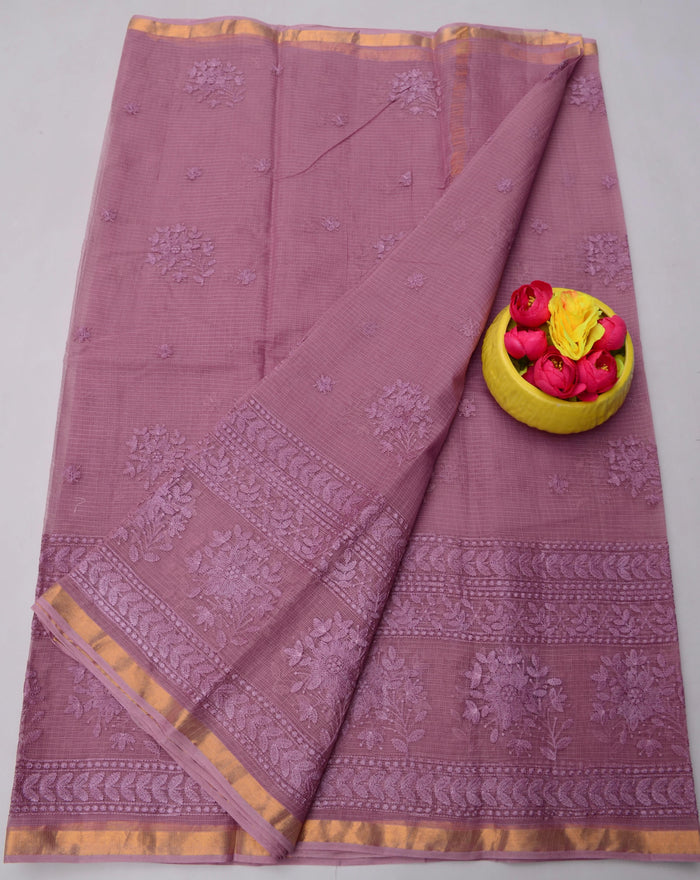 Premium Pure Cotton Kota Doria Saree with All-Over Embroidery - Pinkish Red Color