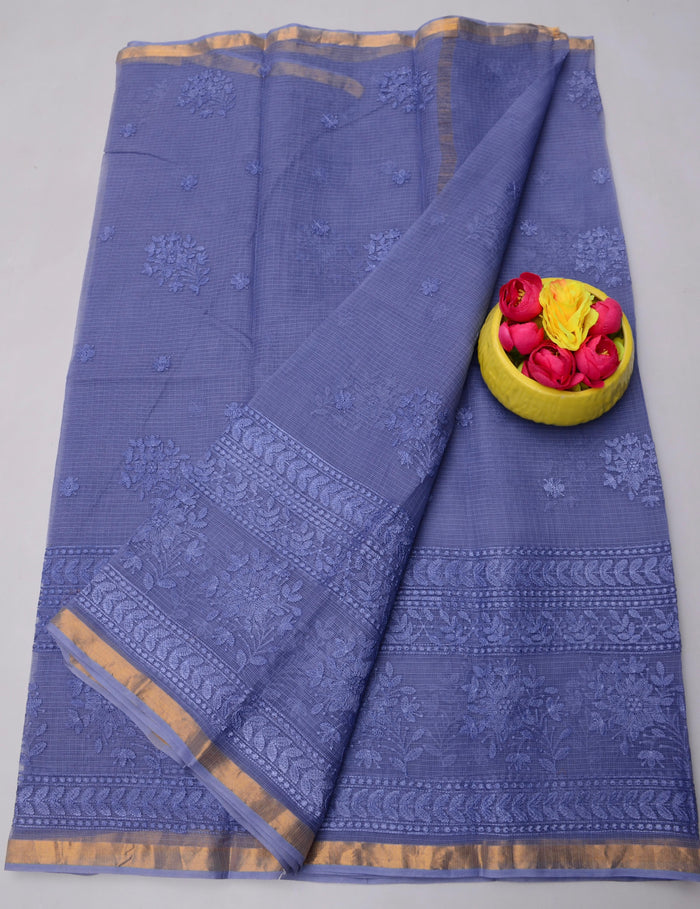Premium Pure Cotton Kota Doria Saree with All-Over Embroidery - Purple Color
