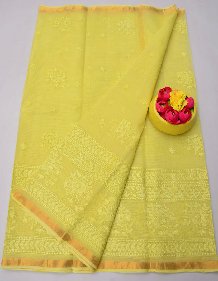 Premium Pure Cotton Kota Doria Saree with All-Over Embroidery - Yellow Color