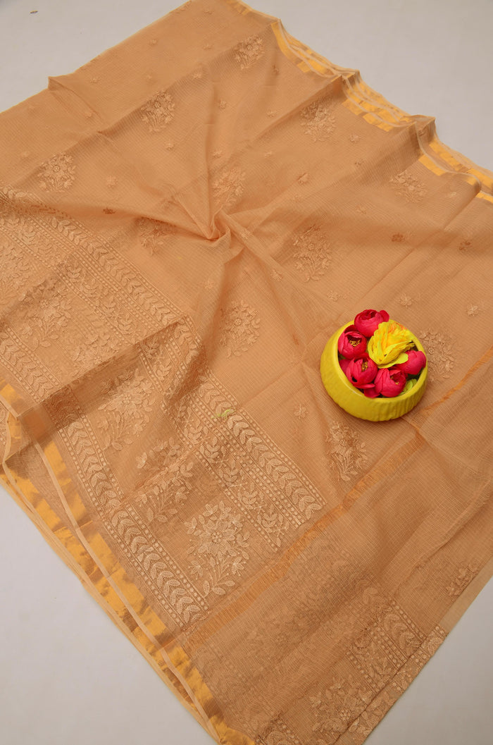 Premium Pure Cotton Kota Doria Saree with All-Over Embroidery - Orange Color