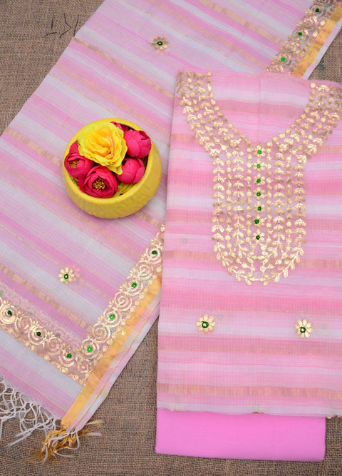 Designer Gota Patti Dress Material in Kota Doria Fabric - Lavender Colour