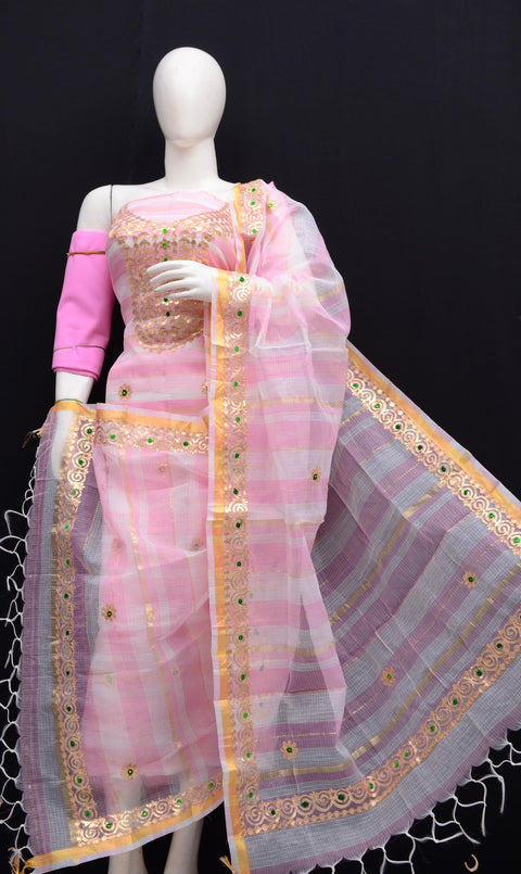 Designer Gota Patti Dress Material in Kota Doria Fabric - Lavender Colour