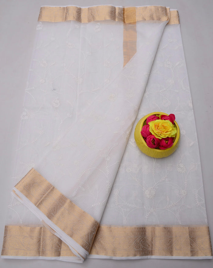 Rajasthani Kota Doria Saree Pure Cotton With All Over Embroidery Work - White Color