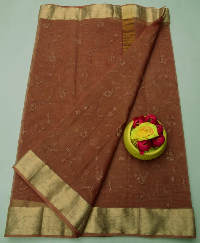 Rajasthani Kota Doria Saree Pure Cotton With All Over Embroidery Work - Brown Color