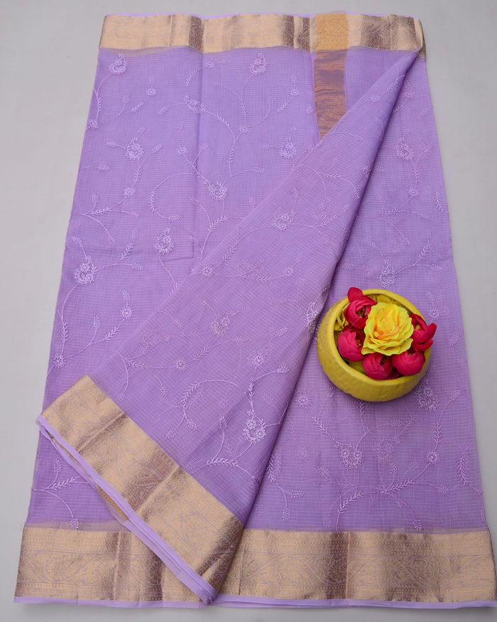 Rajasthani Kota Doria Saree Pure Cotton With All Over Embroidery Work - Lavender Color