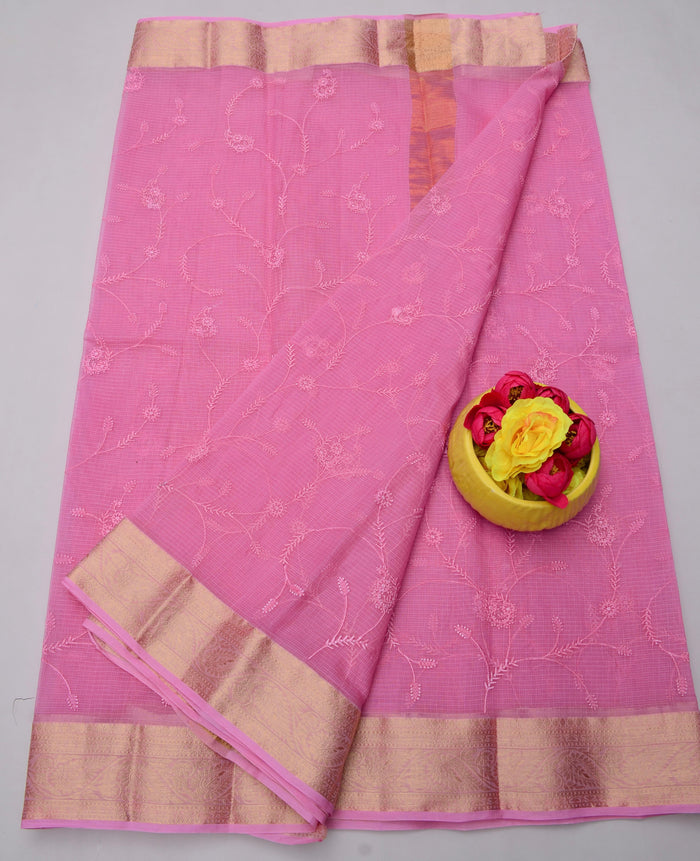 Rajasthani Kota Doria Saree Pure Cotton With All Over Embroidery Work - Pink Color