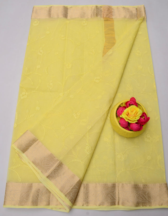 Rajasthani Kota Doria Saree Pure Cotton With All Over Embroidery Work - Yellow Color