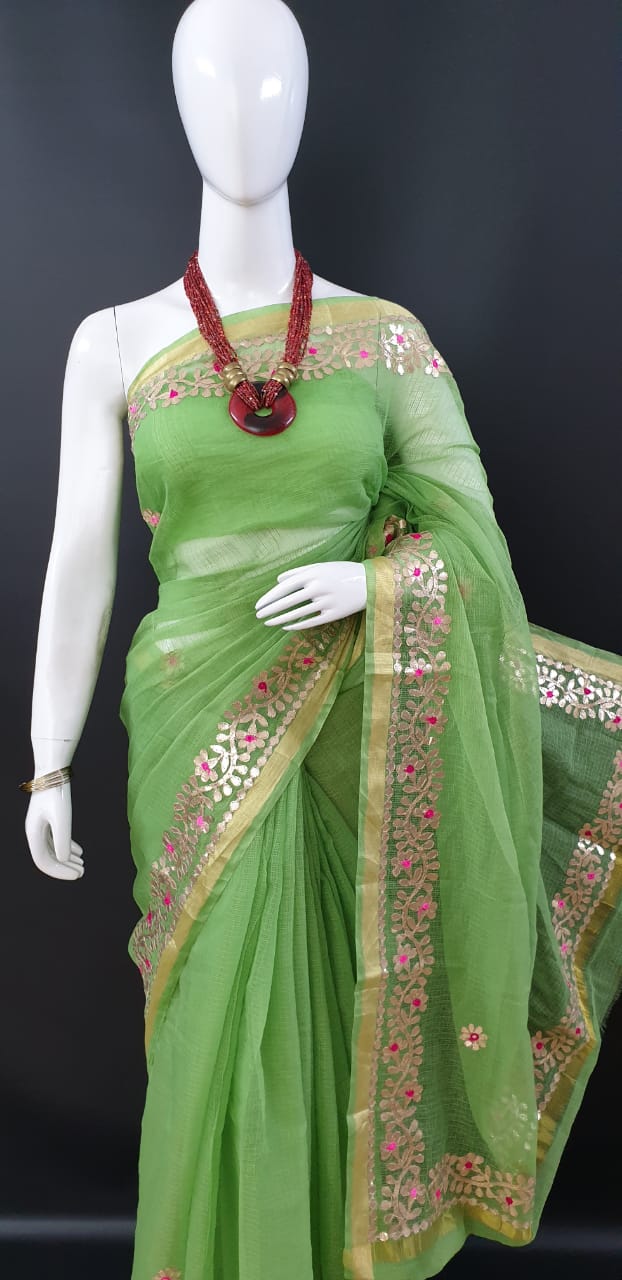 Classic Kota Doria Gotta Patti Saree - Green Color