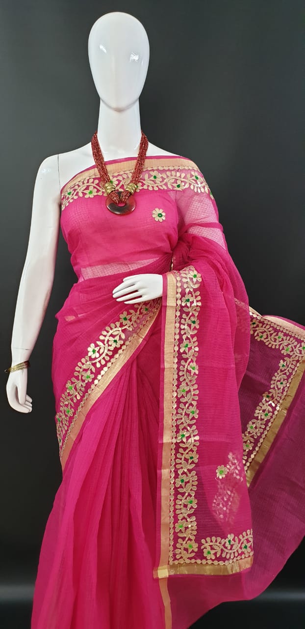Classic Kota Doria Gotta Patti Saree - Pink Color