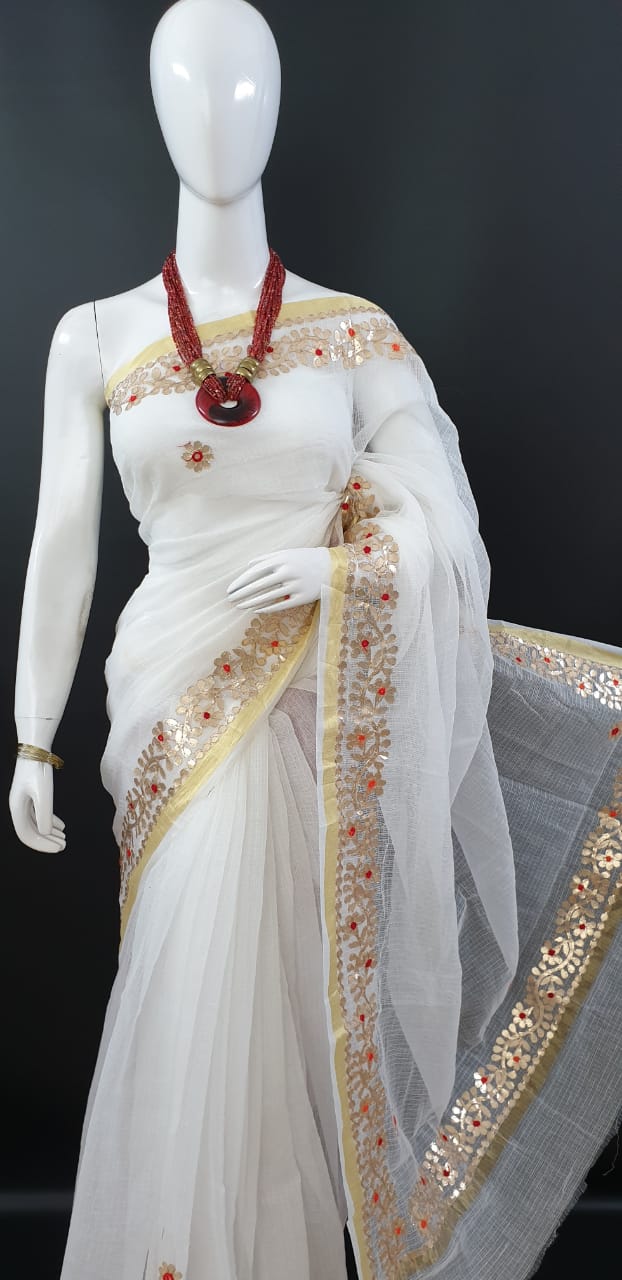 Classic Kota Doria Gotta Patti Saree - White Color