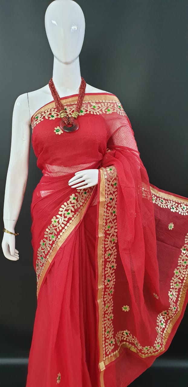 Classic Kota Doria Gotta Patti Saree - Red Color