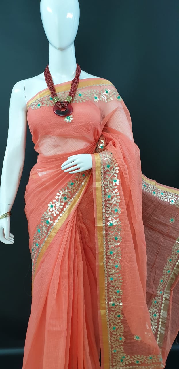 Classic Kota Doria Gotta Patti Saree - Peach Color