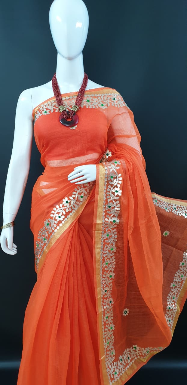 Classic Kota Doria Gotta Patti Saree - Orange Color
