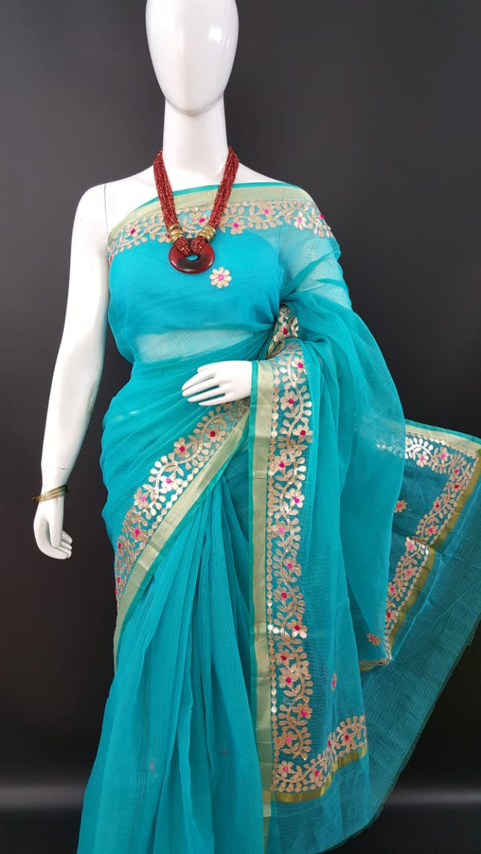 Classic Kota Doria Gotta Patti Saree - Sea Blue Color