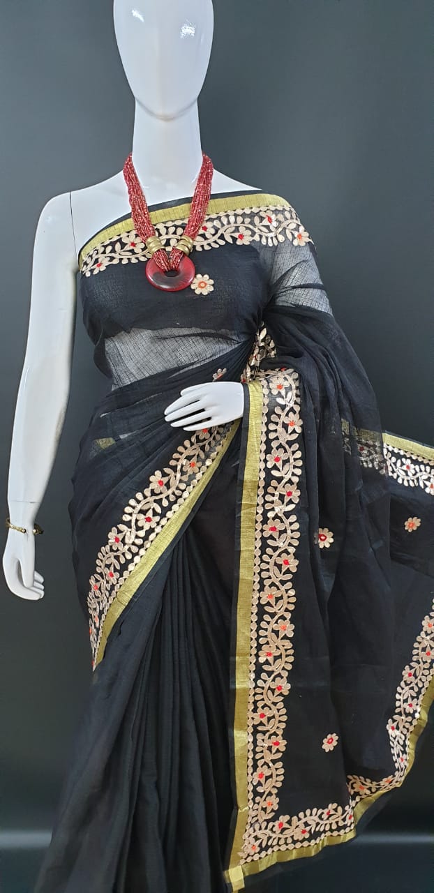 Classic Kota Doria Gotta Patti Saree - Black Color