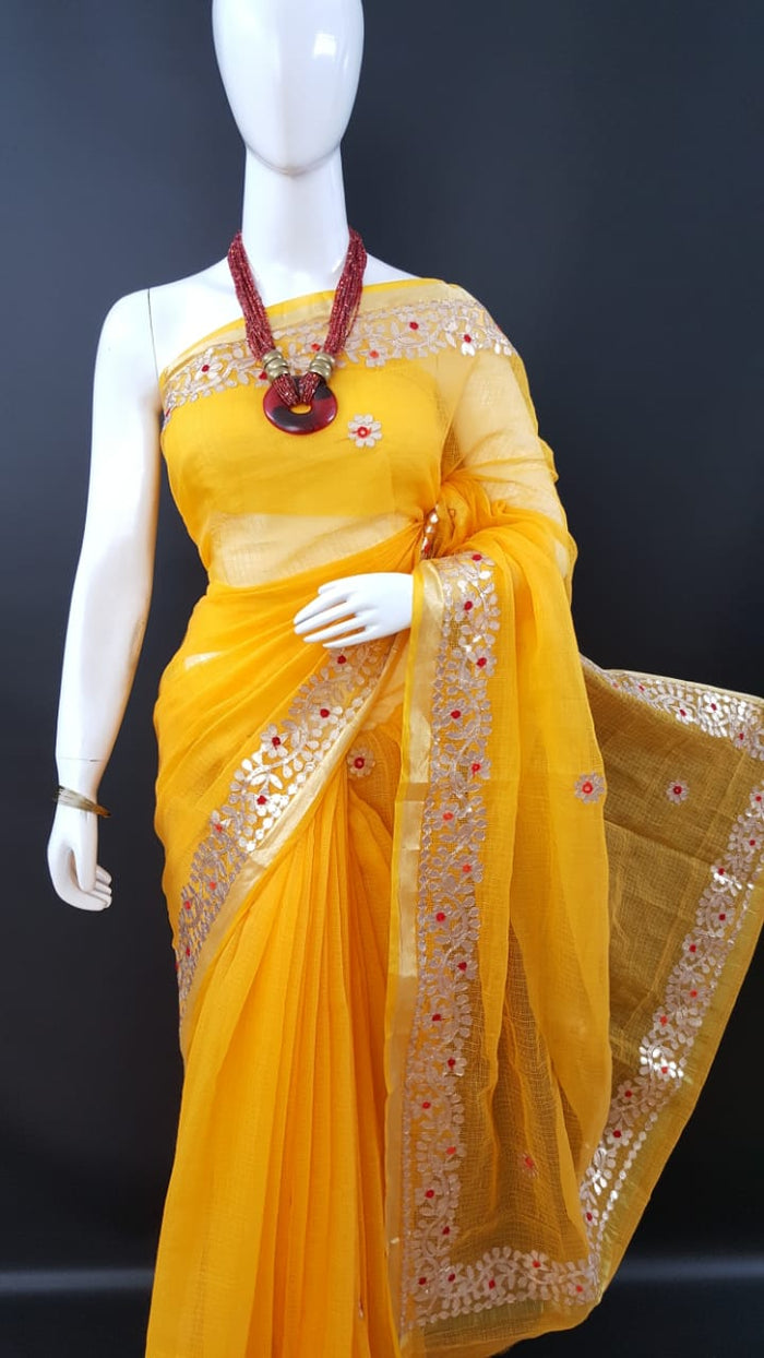 Classic Kota Doria Gotta Patti Saree - Yellow Color