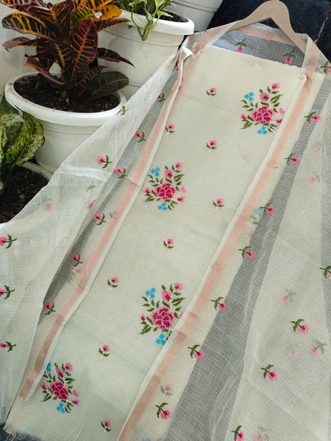 Flat Lay of Embroidered Kota Doria Suit in Ivory with Floral Details