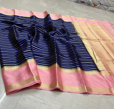 Banarasi Dyeable Warm Silk Saree – Handwoven & Premium - Navy Blue Color