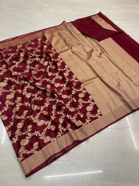Traditional Banarasi Handloom Saree Semi Katan & Jaal Zari Weave - Maroon Color