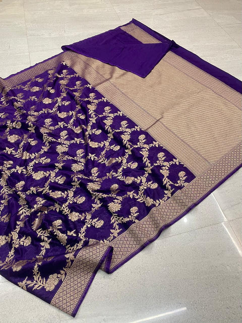 Traditional Banarasi Handloom Saree Semi Katan & Jaal Zari Weave - Blue Color