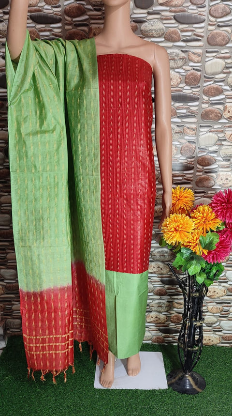 Semi Tussar Silk Dress Materials with Woven Designs - Red And Green Color