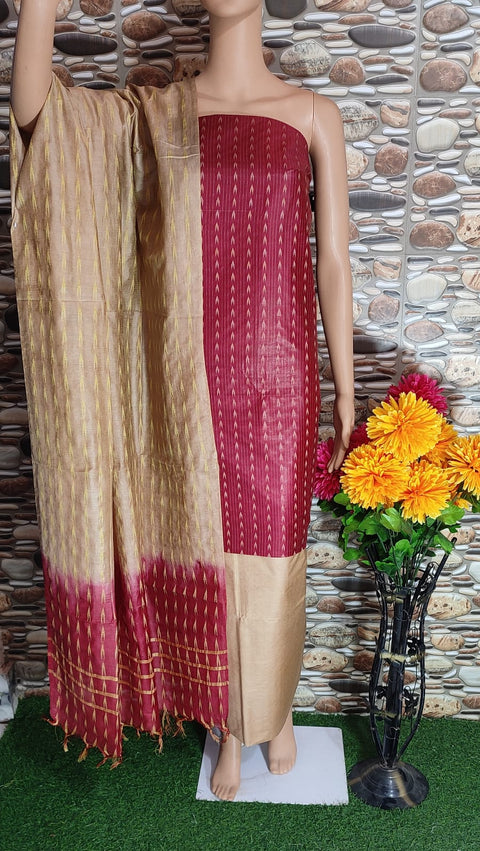 Semi Tussar Silk Dress Materials with Woven Designs - Maroon And Beige Color