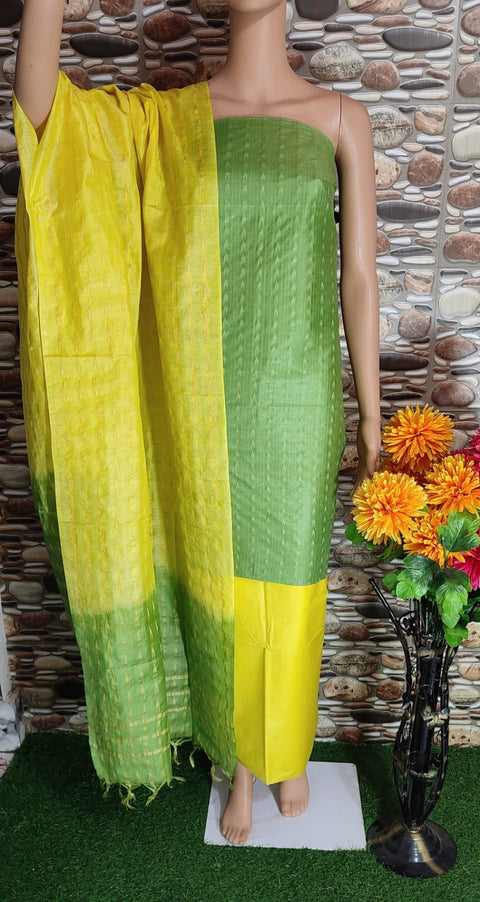 Semi Tussar Silk Dress Materials with Woven Designs - Green And Yellow Color