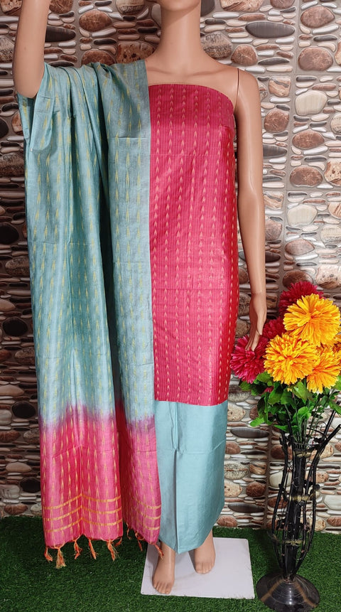 Semi Tussar Silk Dress Materials with Woven Designs - Bluish Grey and Pinkish Red Color