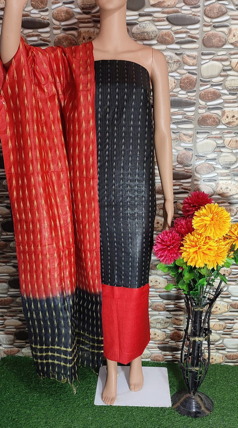 Semi Tussar Silk Dress Materials with Woven Designs - Red and Black Color