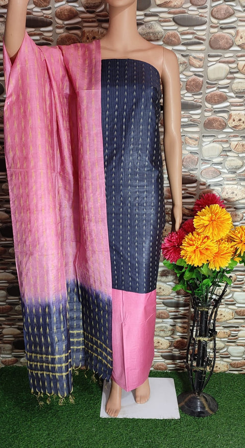 Semi Tussar Silk Dress Materials with Woven Designs - Navy Blue and Pink Color