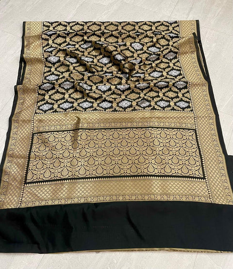 Banarasi Semi Katan Silk Saree  - Black Color