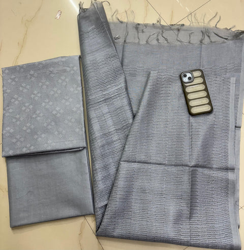 Bhagalpuri Semi-Silk Unstitched Suit with Kantha Embroidery - Grey Color