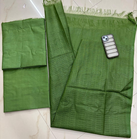 Bhagalpuri Semi-Silk Unstitched Suit with Kantha Embroidery - Green Color