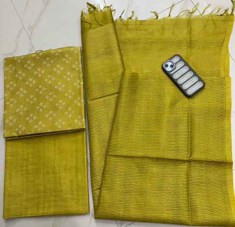 Bhagalpuri Semi-Silk Unstitched Suit with Kantha Embroidery - Dark Mustard Color