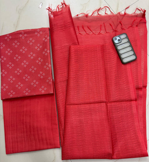 Bhagalpuri Semi-Silk Unstitched Suit with Kantha Embroidery - Red Color