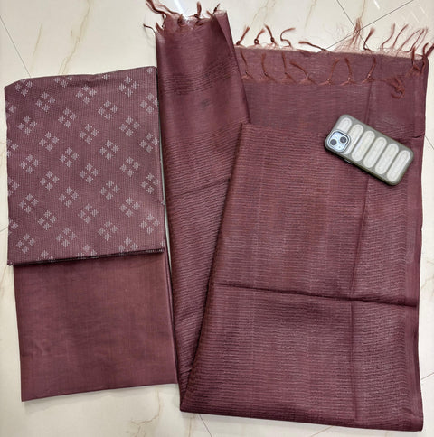 Bhagalpuri Semi-Silk Unstitched Suit with Kantha Embroidery - Wine Color