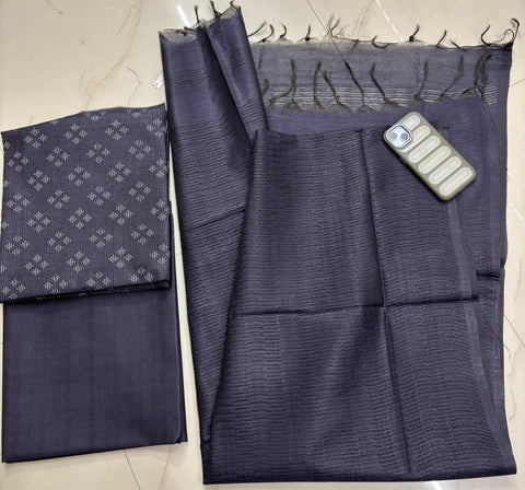 Bhagalpuri Semi-Silk Unstitched Suit with Kantha Embroidery - Dark Grey Color