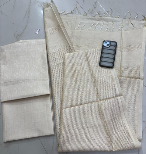 Bhagalpuri Semi-Silk Unstitched Suit with Kantha Embroidery - Off White Color