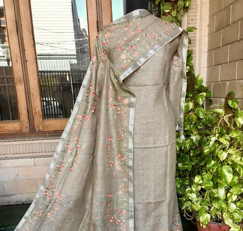 Cotton Linen Embroidered Dress Material - Beige Grey Color