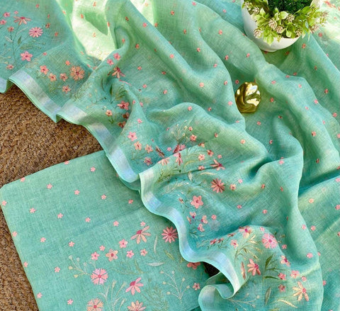Cotton Linen Embroidered Dress Material - Green Color
