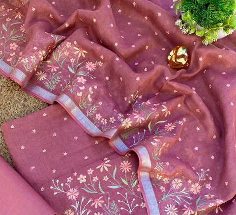 Cotton Linen Embroidered Dress Material - Pink Color