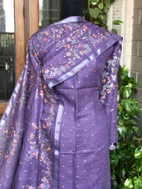 Cotton Linen Embroidered Dress Material - Purple Color