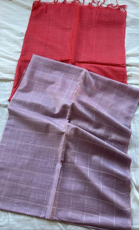 Katan Staple Semi Tussar Silk Saree - Red & Lavender Combination