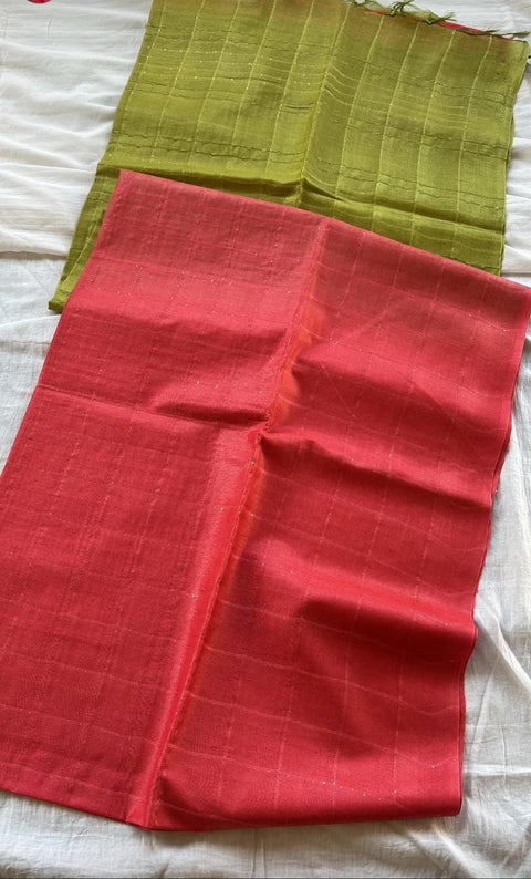 Katan Staple Semi Tussar Silk Saree - Green & Red Combination