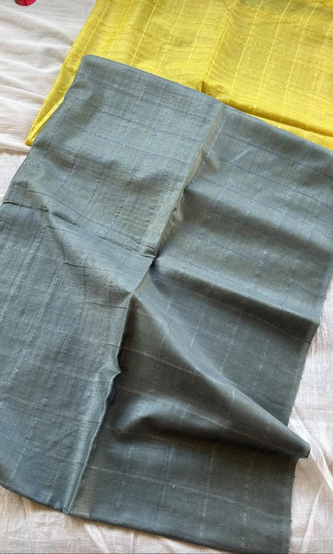 Katan Staple Semi Tussar Silk Saree - Yellow & Grey Combination
